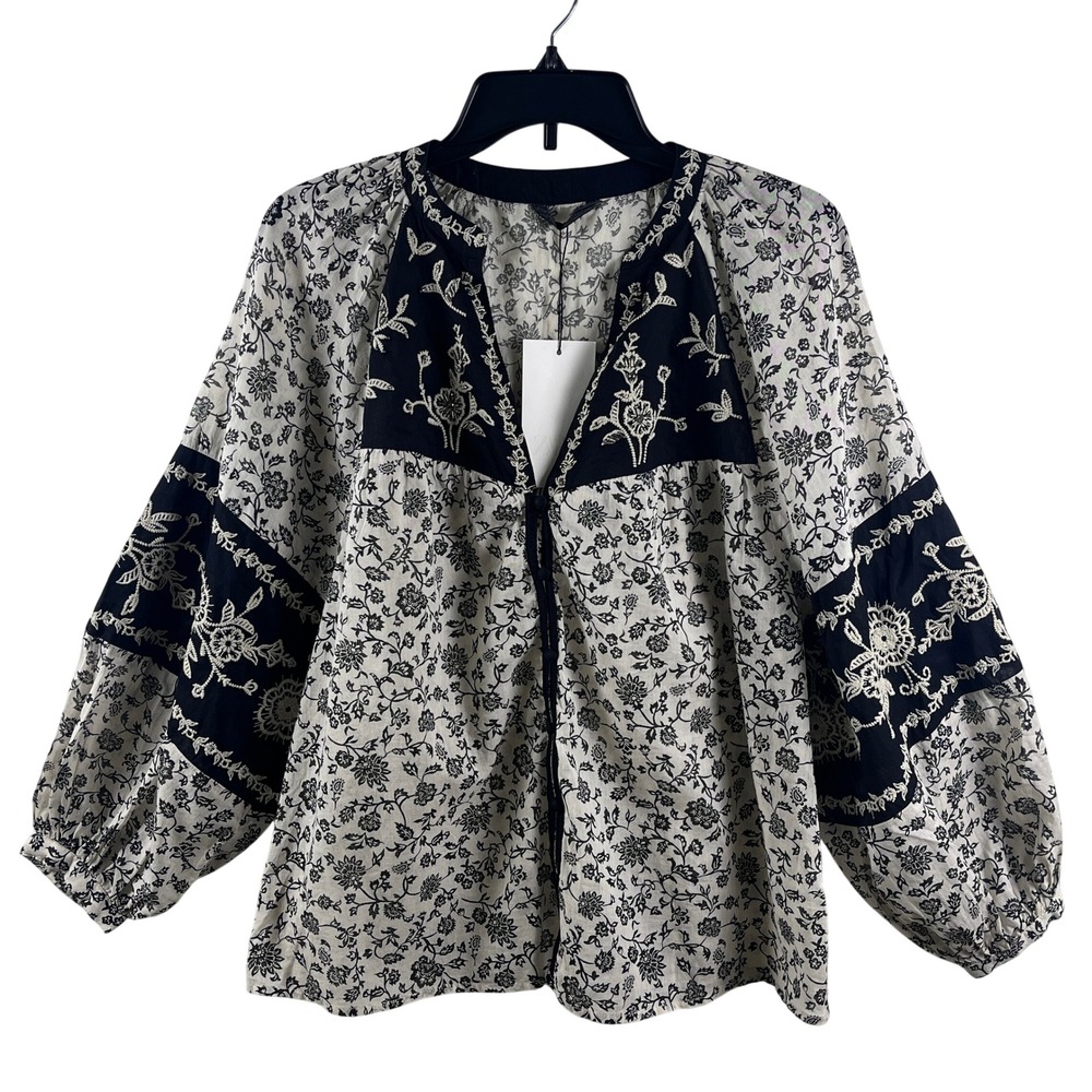 NWT Zara Blouse Floral Embroidered Boho S Black White Peasant Folk Festival